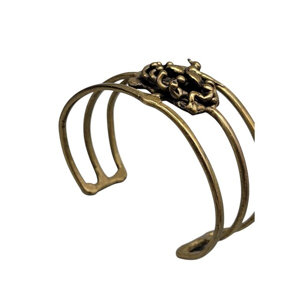 Brutalist Bird Cage Wide Open Cuff Bracelet Vintage 1970s Style Size 6 Gold Tone - Picture 10 of 11